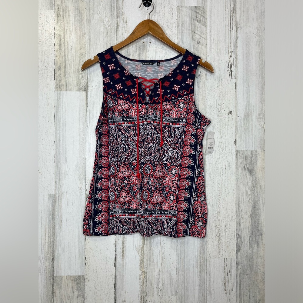 Hannah NEW Women's Sleeveless Floral Lace Up Aztec Top Navy Blure Red Size Small